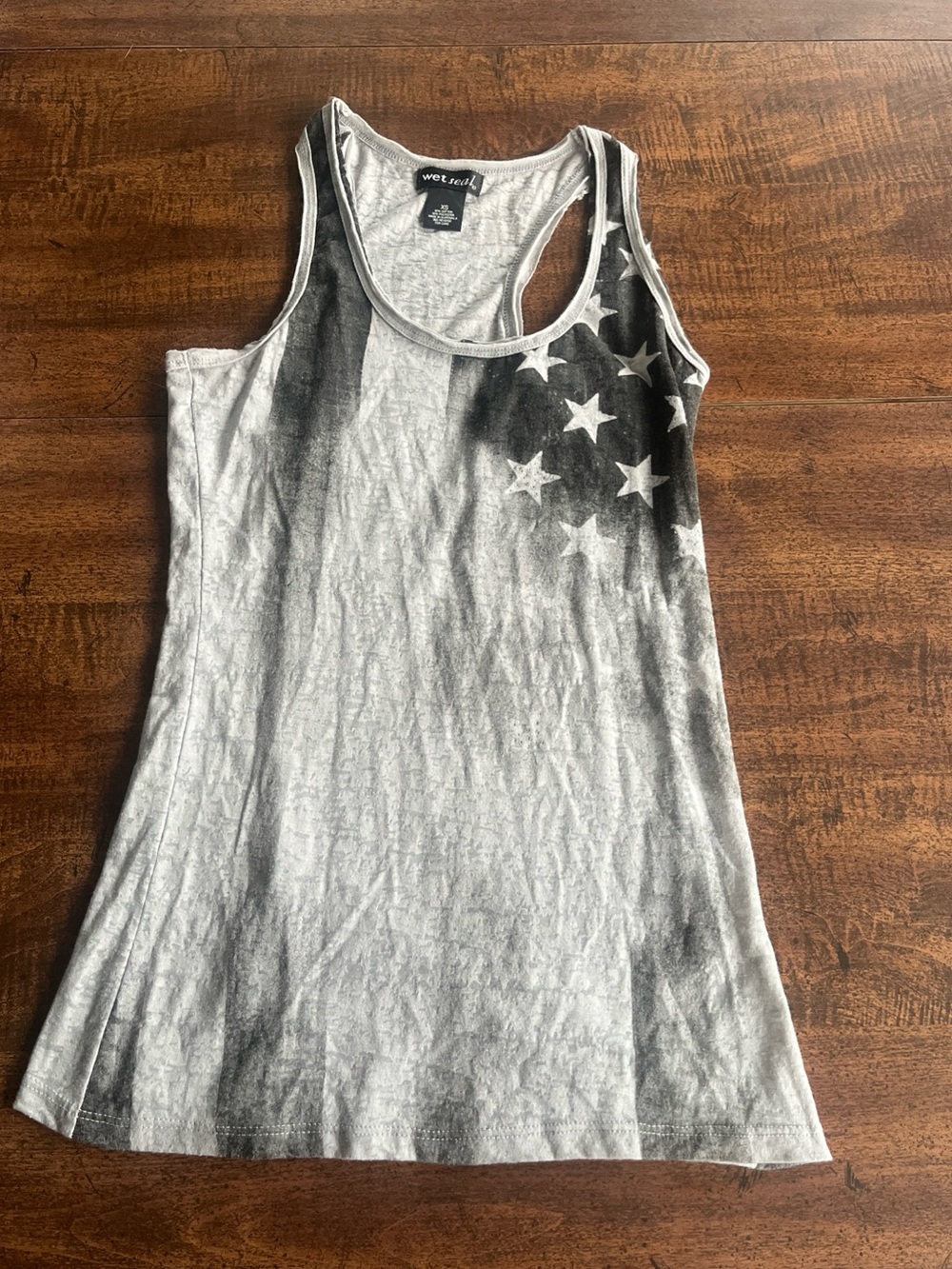 Wet Seal XS Gray Distressed Star Racerback Tank Top Rhinestone Americana Grunge